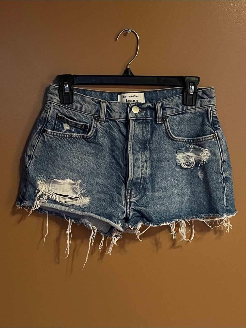 Reformation Distressed Blue Denim Cutoff Shorts - Picture 4 of 6